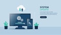Landing page template of system update on computer and smartphone devices vector illustration