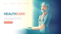 Landing page template in vector illustration of healthcare service featuring the smiling tireless healthcare worker taking rest Royalty Free Stock Photo