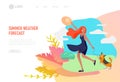 Landing page template for weather forecast. Various stylish girl with her dog character go outdoor on street in summer