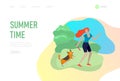 Landing page template for weather forecast. Various stylish girl with her dog character go outdoor on street in summer