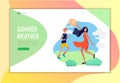 Landing page template for weather forecast. Various stylish girl with her dog character go outdoor on street in summer