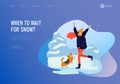 Landing page template for weather forecast. Various stylish happy girl and her dog character go on street in warm