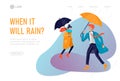 Landing page template for weather forecast. Various stylish people character go on street under umbrellas in warm