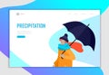 Landing page template for weather forecast. Various stylish people character go on street under umbrellas in warm