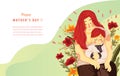 Landing page templates for happy Mother`s day, mom and son cuddling together with beautiful plant and flower scene - Vector Royalty Free Stock Photo