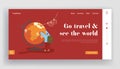 Landing Page of Tourists Adventure, Travelling Around the World. Travel Abroad, Summer Vacation Trip. Man with Globe Royalty Free Stock Photo