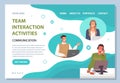 Landing page of website, team interaction activities, communication, colleagues with headsets