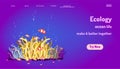 Landing page website template. ecology ocean life. make it better together. nemo fish play funny with coral and bubble. purple