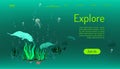 Landing page website template. explore ocean life. time to travel. green tone background. vector illustration eps10