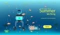 Landing page website template. summer vacation time. we hiring working in the fresh and relax place. nemo fish playing with air