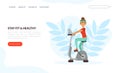 Landing Page with Young Woman Character with Headband and Sportswear on Cycle Ergometer Vector Template Royalty Free Stock Photo
