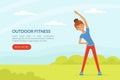 Landing Page with Young Woman Character with Headband and Sportswear Stretching Outdoor Vector Template