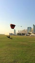 Landing. Parachutist lands on the ground. The whole world is open to extremals. The sky without borders. Royalty Free Stock Photo