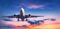 Landing passenger plane against colorful sky at sunset Royalty Free Stock Photo