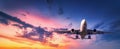 Landing passenger plane against colorful sky at sunset Royalty Free Stock Photo