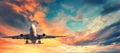 Landing passenger plane against colorful sky at sunset Royalty Free Stock Photo