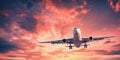Landing passenger plane against colorful sky at sunset Royalty Free Stock Photo