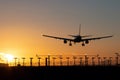 Landing passenger plane during sunset Royalty Free Stock Photo