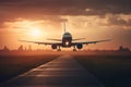 Landing a plane against a colorful sky at sunset. Passenger aircraft flying up over the clouds in the sunset light. The concept of Royalty Free Stock Photo