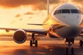 Landing plane against a golden sky at sunset. Passenger aircraft close up in sunset light. The concept of fast travel, recreation