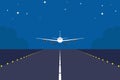 Landing plane over runway at night. Flat and solid color travel concept background.