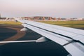 Landing on the runway. View from the porthole Royalty Free Stock Photo