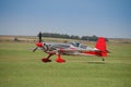 Landing of the small sports plane on the Vrsac airport upon completion of acrobatic flight