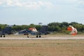 Landing of Su-30SM Flanker-C supermaneuverable deck-based multipurpose fighters at the airfield at the MAKS-2021 Aviation and Sp