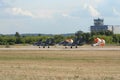 Landing of Su-30SM Flanker-C supermaneuverable deck-based multipurpose fighters at the airfield at the MAKS-2021 Aviation and Sp