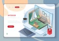 Isometric interior furniture landing page. Landing web template page with isometric residential interior room drawing Royalty Free Stock Photo
