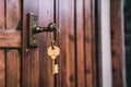 Landlord key for unlocking house, real estate concept