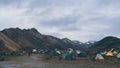 Landmannalaugar, Iceland - August 2018: panoramic view over the camping site in the mountain valley