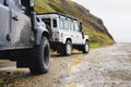 LANDMANNALAUGAR, ICELAND - AUGUST 2018: two offroad cars on the mud terrain