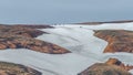 Landmannalaugar, Iceland. Group of hikers at snowy beautiful Icelandic landscape of colorful rainbow volcanic Landmannalaugar