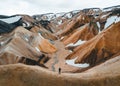 Landmannalaugar rainbow mountains from the birds eye view. Drone photography in the Highlands of Iceland. Tourism in