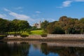 Landmark and attraction. Lews Castle in Stornoway, United Kingdom seen from sea harbor. Castle with green grounds on Royalty Free Stock Photo