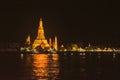 Landmark of Bangkok, Thailand, Wat Arun on Chao Phraya riverside at night.