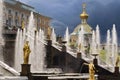 Landmark of european city peterhof fountains of St. Petersburg with golden statues in baroque style Royalty Free Stock Photo