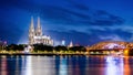 Landmark in Germany, illuminated Cologne Cathedral at night Royalty Free Stock Photo