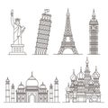 Landmark icons. Statue of Liberty, Tower of Pisa, Eiffel tower