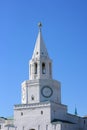 It is landmark of old Kazan. Vertical view of Spasskaya Tower, main entrance of white fortress.