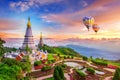 Landmark pagoda in doi Inthanon national park with Balloon at Chiang mai. Royalty Free Stock Photo