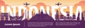 Indonesia famous landmark silhouette style,text within,travel and tourism,purple and orange tone color them