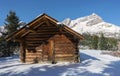 Landmark Wood Log Cabin  Chalet Emergency Shelter Snowy Mountain Peaks Landscape Banff National Park Canadian Rockies Royalty Free Stock Photo