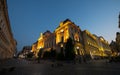 Landmarks of Bucharest. View to National Bank of Romania building before sunrise