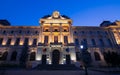 Landmarks of Bucharest. View to National Bank of Romania building before sunrise