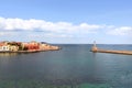 Landmarks of Crete - Beautiful venetian town Chania in Crete island. View of the old port of Chania, Greece. Royalty Free Stock Photo