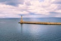 Landmarks of Crete - Panorama View of lighthouse in old harbour of Chania, Greece. Royalty Free Stock Photo