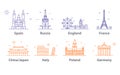 Landmarks icons set, world capitals symbols. Paris and London, Moscow and Spain, France and China and more.