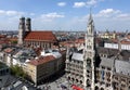 Landmarks on Marienplatz in Munich view on sunny summer day above skyline